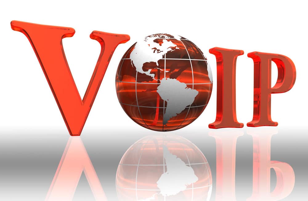 Red colored VOIP text with globe