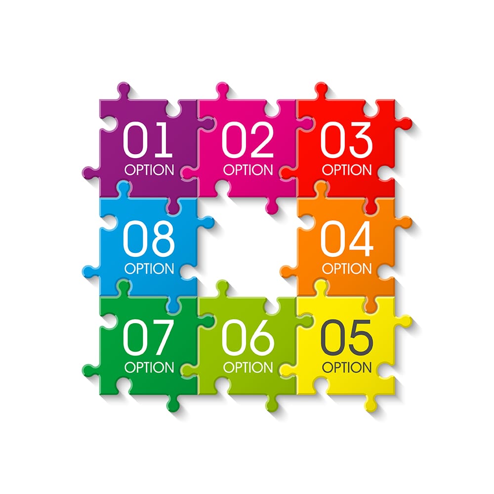 colorful puzzle pieces that say option