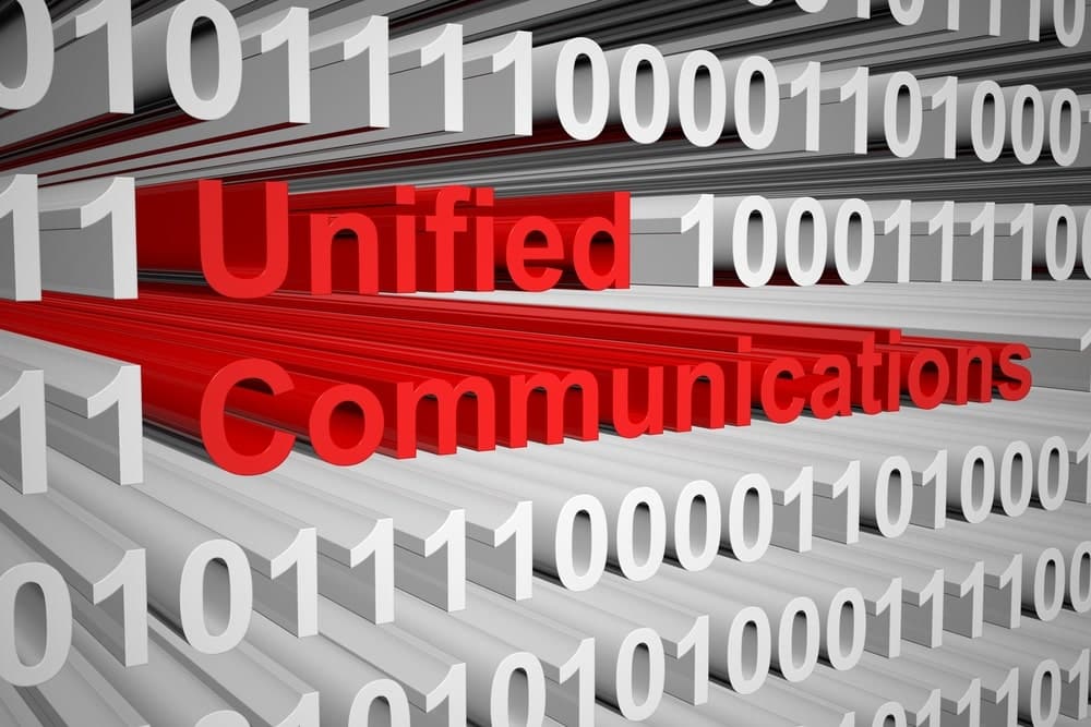 unified communications in red among 1s and 0s
