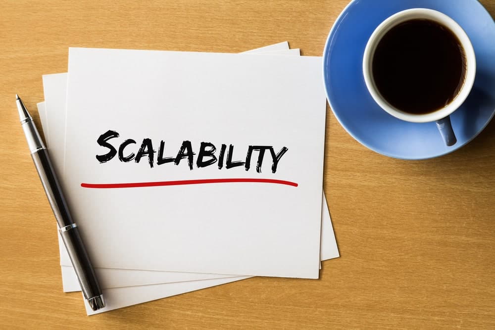 scalability written on paper next to cup of coffee