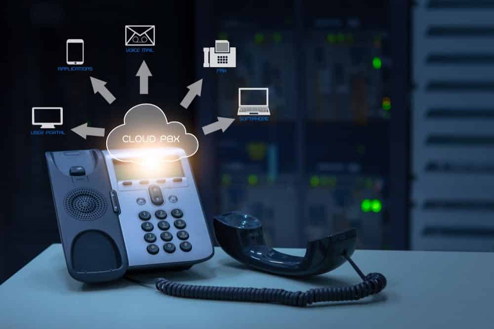 business phone with cloud pbx diagram on top
