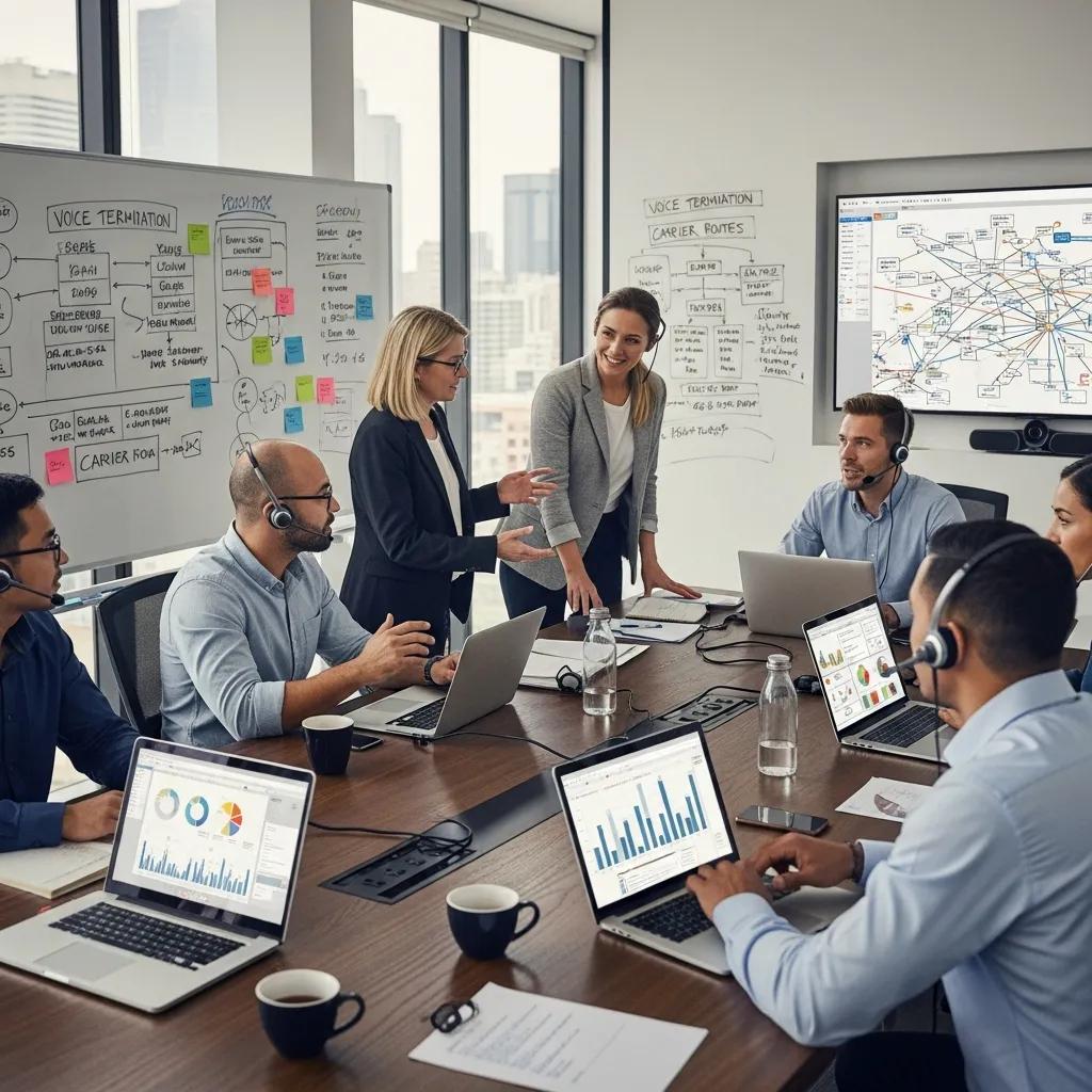Telecommunications professionals discussing premium voice termination services in a modern office
